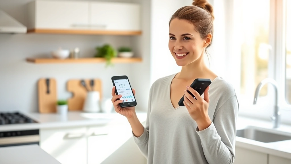 Woman holding sleek handheld Lumen device in bright, modern kitchen, smiling confidently at device screen showing metabolic data, natural daylight from window, healthy lifestyle aesthetic