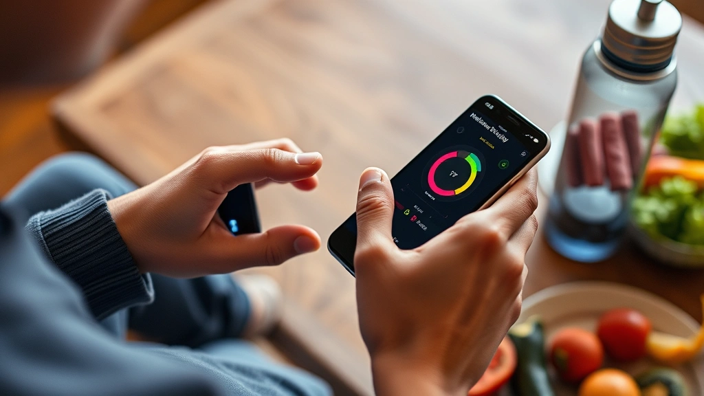 Close-up of person's hands using Lumen metabolic device with smartphone app visible showing colorful metabolic flexibility chart, wellness-focused environment with water bottle and healthy food nearby