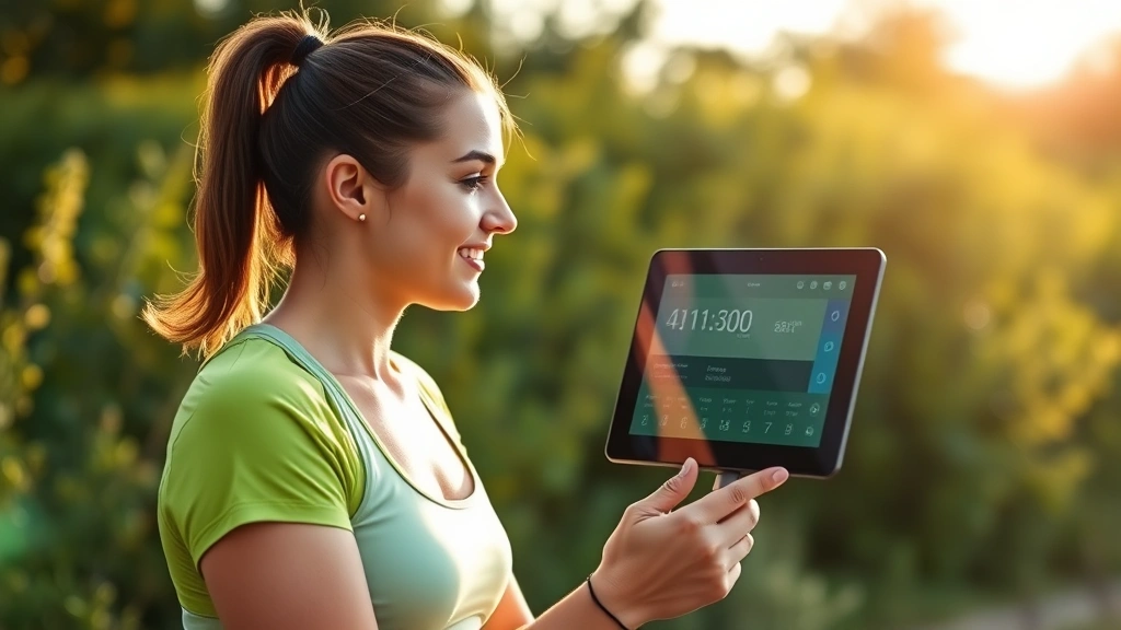 Fit person checking Lumen device results outdoors in morning light, athletic wear, fresh green background, positive expression reflecting improved metabolic health and weight loss progress