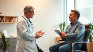 Professional medical consultation scene with doctor and patient discussing weight loss treatment options in modern clinic office, warm lighting, both appear confident and engaged