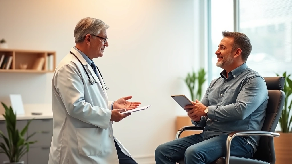 Professional medical consultation scene with doctor and patient discussing weight loss treatment options in modern clinic office, warm lighting, both appear confident and engaged