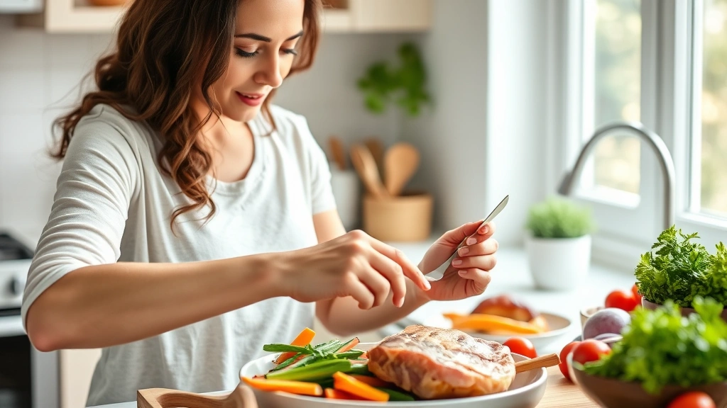 Woman preparing healthy protein-rich meal with fresh vegetables and lean meat in bright kitchen, natural daylight through window, showing nutrition support for weight loss journey