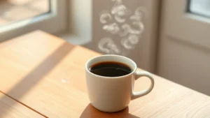 A steaming cup of black coffee in a white ceramic mug on a wooden table, morning sunlight streaming through a window, minimal styling, clean aesthetic, photorealistic