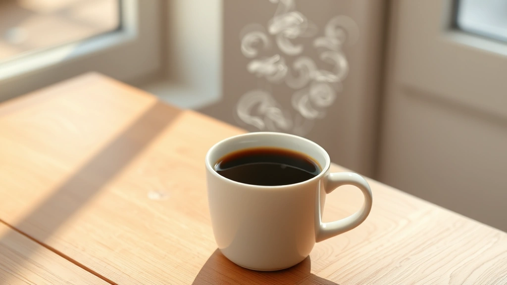 A steaming cup of black coffee in a white ceramic mug on a wooden table, morning sunlight streaming through a window, minimal styling, clean aesthetic, photorealistic