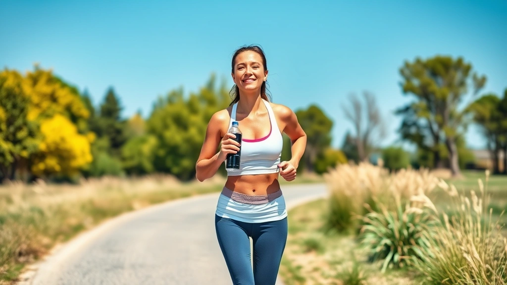 A fit person jogging outdoors on a sunny day, holding a water bottle, appearing energetic and healthy, natural outdoor setting, photorealistic wellness imagery