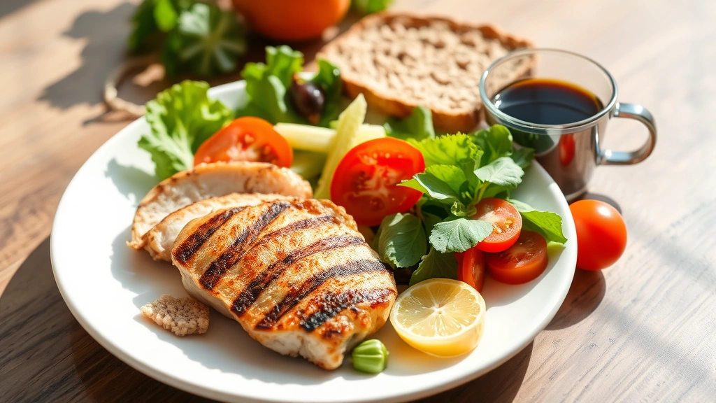 A balanced breakfast plate with grilled chicken, fresh vegetables, whole grain toast, and a small cup of black coffee beside it, healthy nutrition focus, bright natural lighting