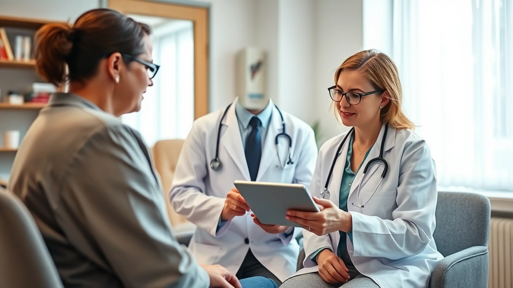 A healthcare provider in a white coat having a consultation with a patient in a medical office, both looking at a tablet discussing medication options, natural lighting, professional setting, warm and reassuring atmosphere