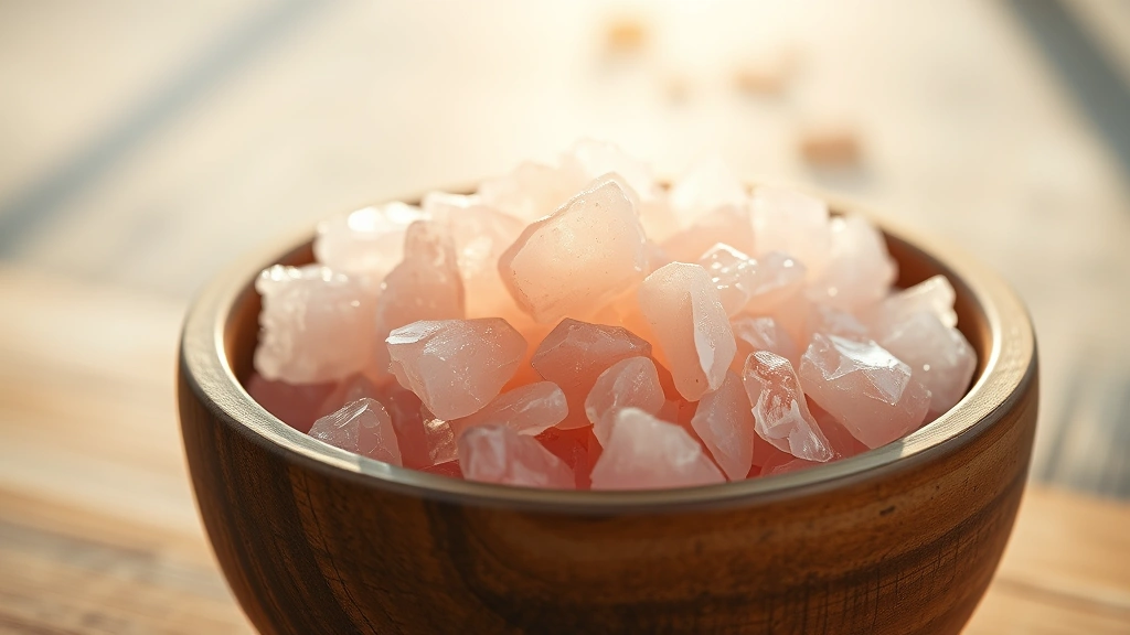 Close-up of pink Himalayan salt crystals in a rustic wooden bowl with warm morning sunlight streaming across, photorealistic, clean wellness aesthetic, no text or labels