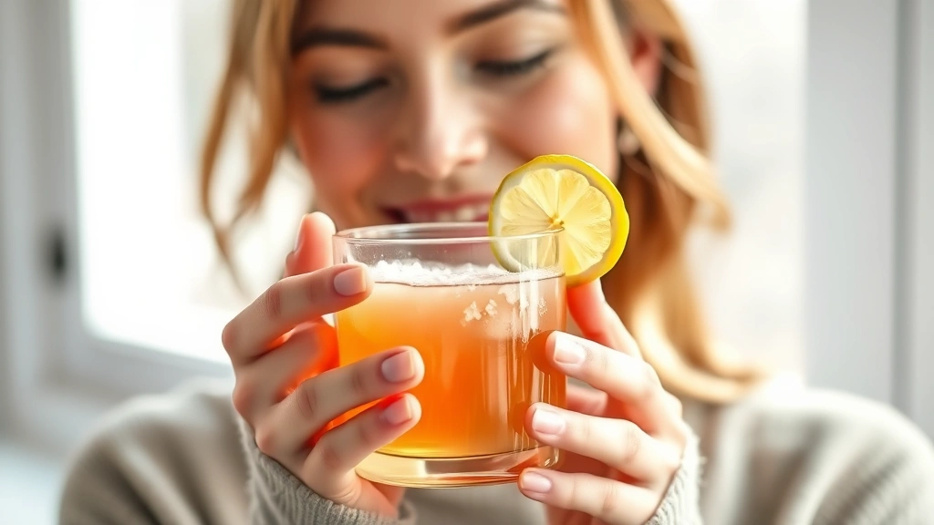 Woman in bright natural light holding a clear glass mug of warm golden-pink salt detox beverage with fresh lemon slice visible, glowing healthy skin, peaceful morning expression, wellness lifestyle photography