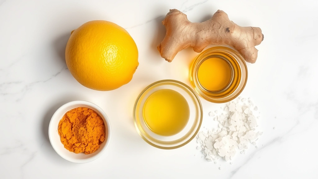 Flat lay overhead shot of ingredients for pink salt detox including fresh lemon, ginger root, turmeric powder in small bowl, glass of warm water, and pink salt crystals arranged artfully on white marble surface, natural lighting