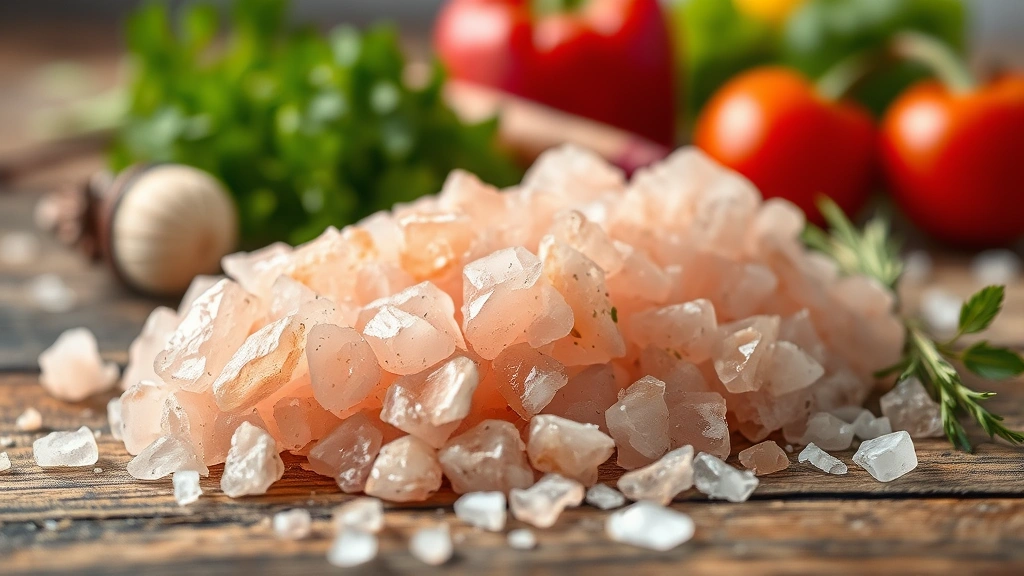 Close-up of pink Himalayan salt crystals on a wooden surface with fresh herbs and vegetables blurred in background, natural lighting, wellness aesthetic