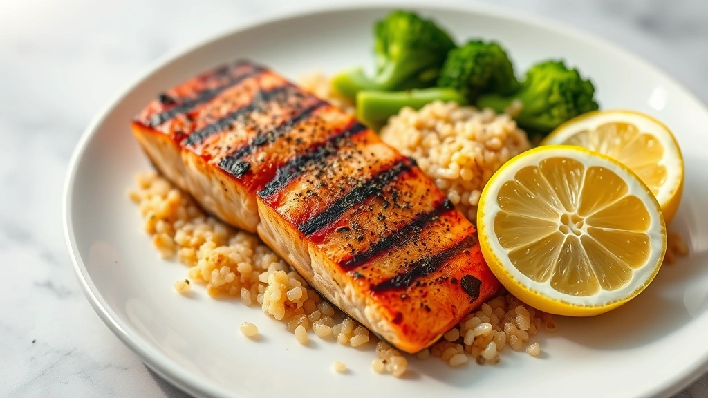 Colorful plate with grilled salmon, quinoa, steamed broccoli, and fresh lemon, Mediterranean diet style, professional food photography, natural daylight