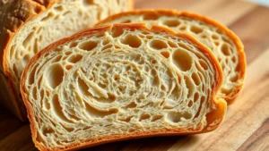 Photorealistic close-up of sliced whole wheat bread showing visible grain texture and wholeness, warm natural lighting, fresh artisanal bread on wooden surface, healthy breakfast setting with no text or numbers visible