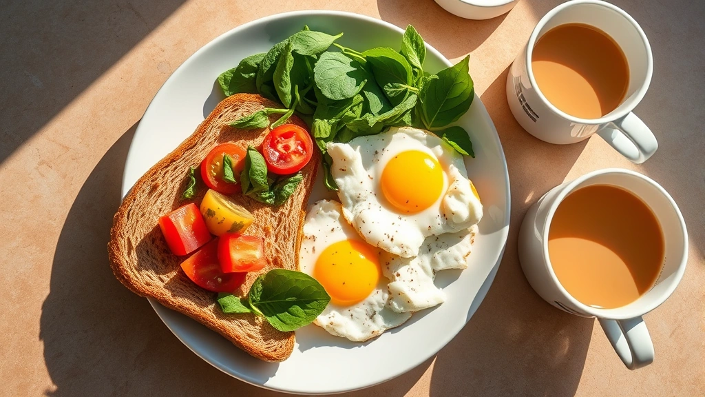 Overhead shot of healthy breakfast plate with whole wheat toast, scrambled eggs, fresh vegetables like spinach and tomatoes, coffee cup, morning sunlight, vibrant and appetizing presentation without any nutritional labels or text