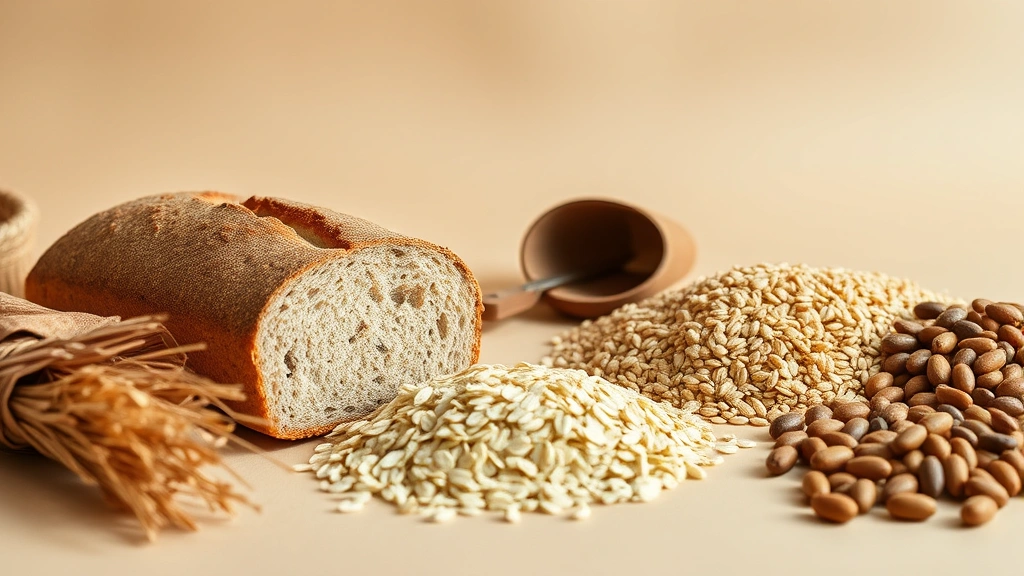 Wide angle of diverse whole grain products including whole wheat bread loaf, rolled oats, brown rice, and legumes arranged on neutral background, warm natural lighting emphasizing grain texture and wholeness, clean minimalist composition