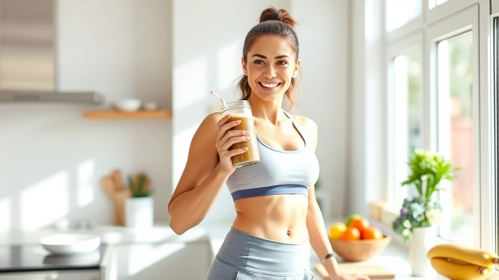 Athletic woman in fitness wear holding a protein shake, smiling in bright kitchen with natural light streaming through windows, fresh fruits and vegetables on counter, healthy lifestyle setting