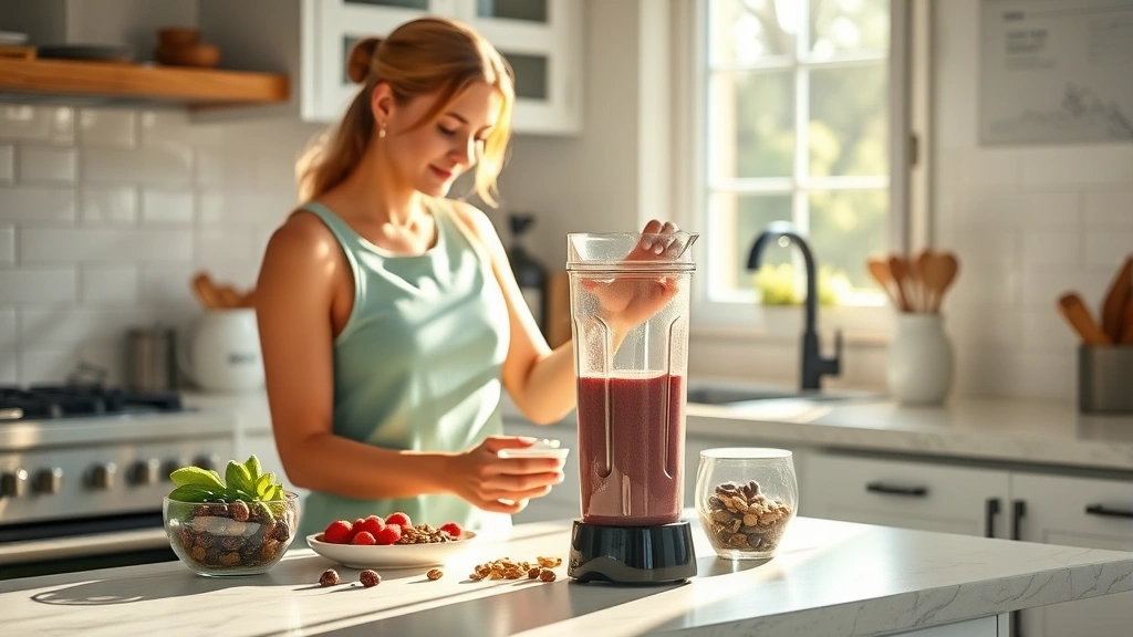 Woman in morning sunlight at kitchen counter preparing a protein shake with blender, fresh ingredients visible including berries and nuts, peaceful morning routine, wellness-focused scene
