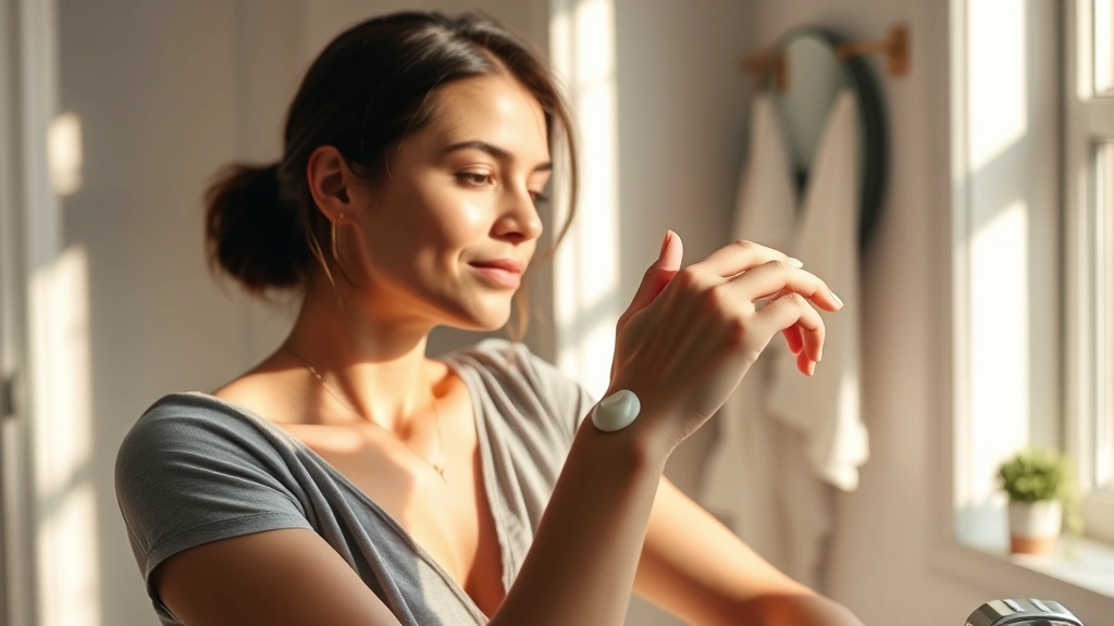 Woman applying skincare cream to inner wrist in morning sunlight, bathroom setting, calm and focused expression, warm natural lighting
