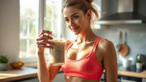 Athletic woman holding a protein shake in modern kitchen, sunlit morning setting, healthy lifestyle aesthetic, smooth texture of shake visible in glass