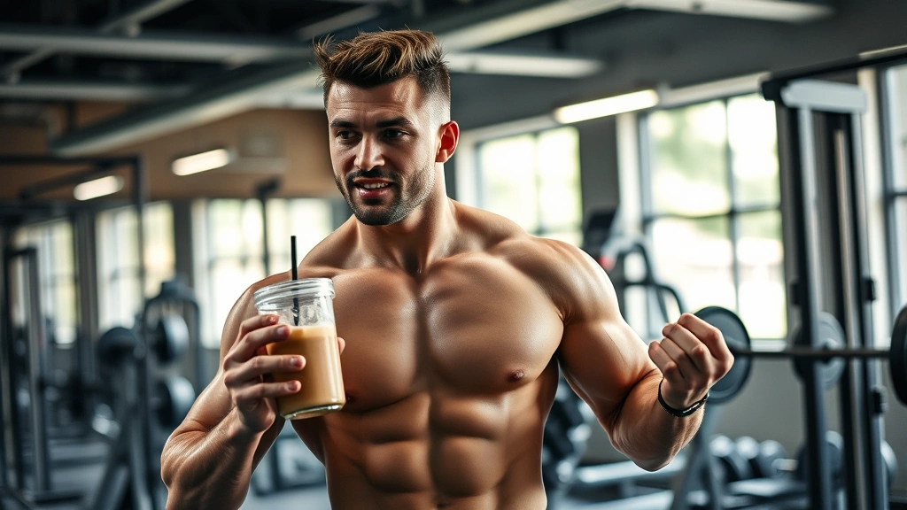 Muscular individual in gym environment with protein shake and resistance training equipment, post-workout recovery scene, energetic wellness atmosphere