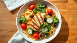 Overhead shot of a vibrant Mediterranean pasta bowl with whole wheat pasta, cherry tomatoes, grilled chicken breast, fresh spinach, cucumber slices, and olives on a white ceramic plate, warm natural lighting, wooden table background