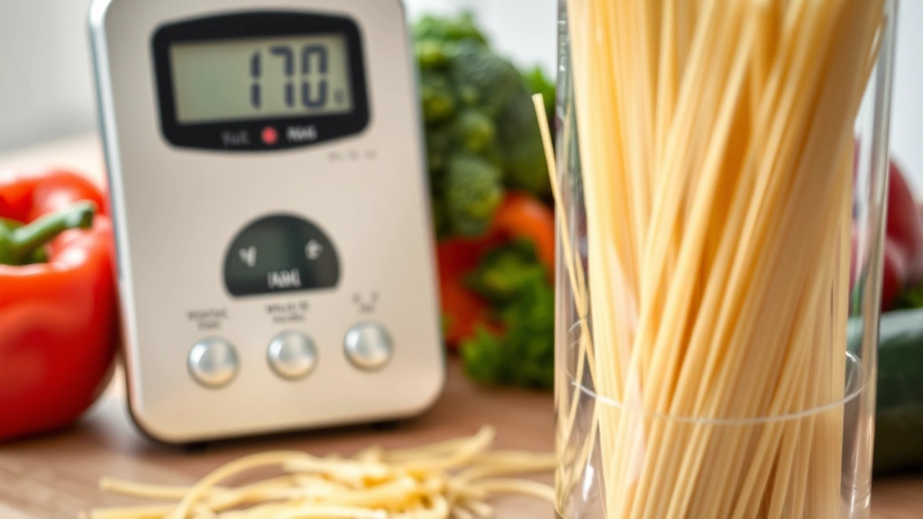 Close-up of whole wheat pasta being measured with a kitchen scale showing approximately 140 grams, with fresh vegetables like broccoli, bell peppers, and zucchini arranged nearby, bright kitchen counter setting