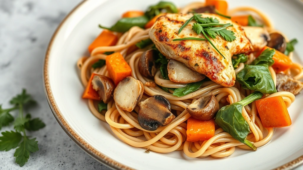 Beautiful plated whole wheat pasta dish with roasted vegetables including carrots, mushrooms, and leafy greens, topped with lean protein, garnished with fresh herbs, professional food photography style, appetizing presentation