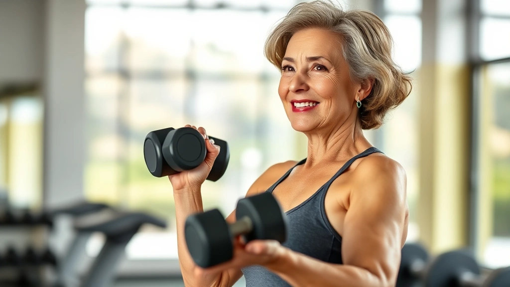 A woman in her 50s doing strength training with dumbbells in a bright, modern gym, looking confident and energized, natural lighting, photorealistic