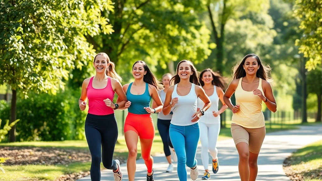 A diverse group of women exercising together outdoors on a sunny morning, jogging and walking on a path through green trees, smiling and healthy-looking