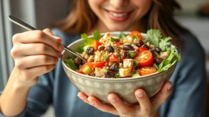 A woman enjoying a colorful salad bowl with mixed vegetables, grains, and lean protein, natural lighting, fresh and vibrant, peaceful mealtime setting