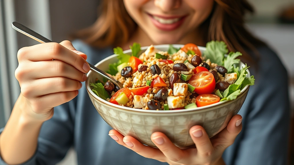 A woman enjoying a colorful salad bowl with mixed vegetables, grains, and lean protein, natural lighting, fresh and vibrant, peaceful mealtime setting
