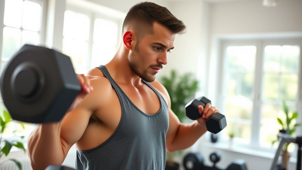 A fit person doing strength training with dumbbells in a bright home gym, focused expression, natural window light, health and wellness atmosphere
