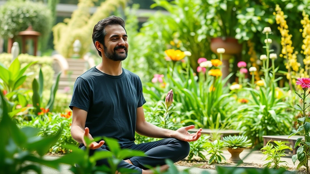 A person meditating outdoors in a peaceful garden surrounded by green plants and flowers, calm expression, serene natural environment, wellness and mindfulness