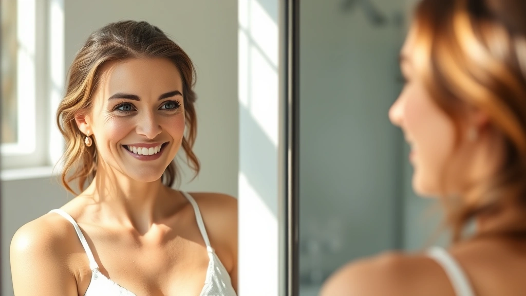 Woman looking at her reflection with a confident, positive expression in natural bathroom lighting, showing self-acceptance and wellness mindset, warm tones, authentic emotion