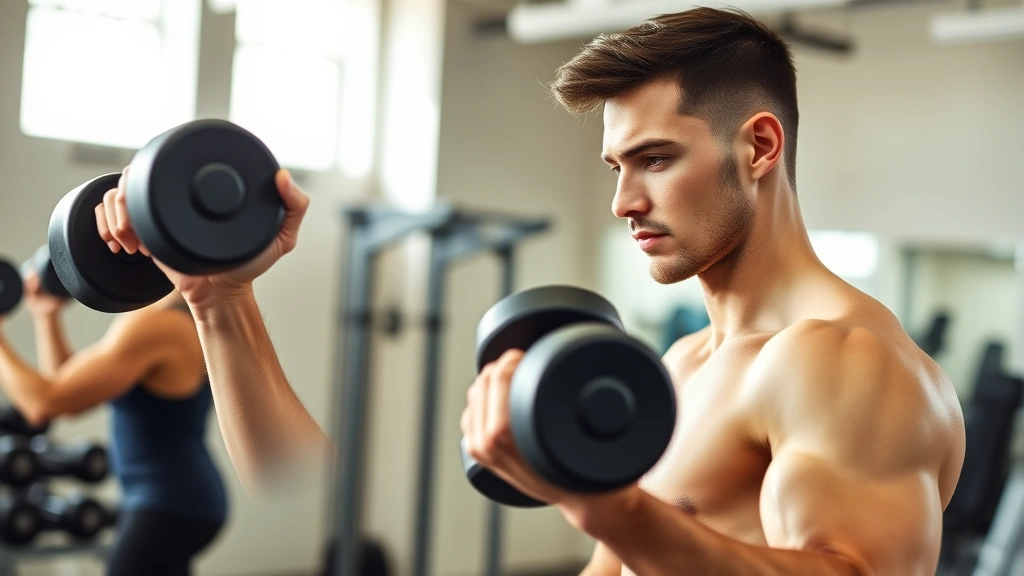 Fit individual performing resistance training with dumbbells in well-lit gym, demonstrating proper form and strength work, focused expression, clean gym environment with natural lighting