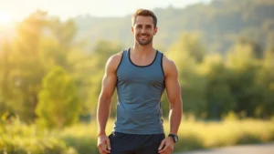A fit, healthy man in athletic wear standing outdoors with confident posture, morning sunlight, wellness-focused, photorealistic, no text or numbers visible