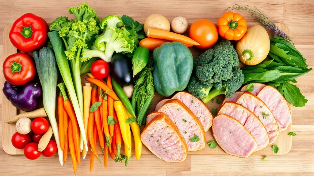 Colorful fresh vegetables and lean proteins arranged on a wooden surface, natural lighting, healthy food composition, appetizing presentation, no meal plan text or labels