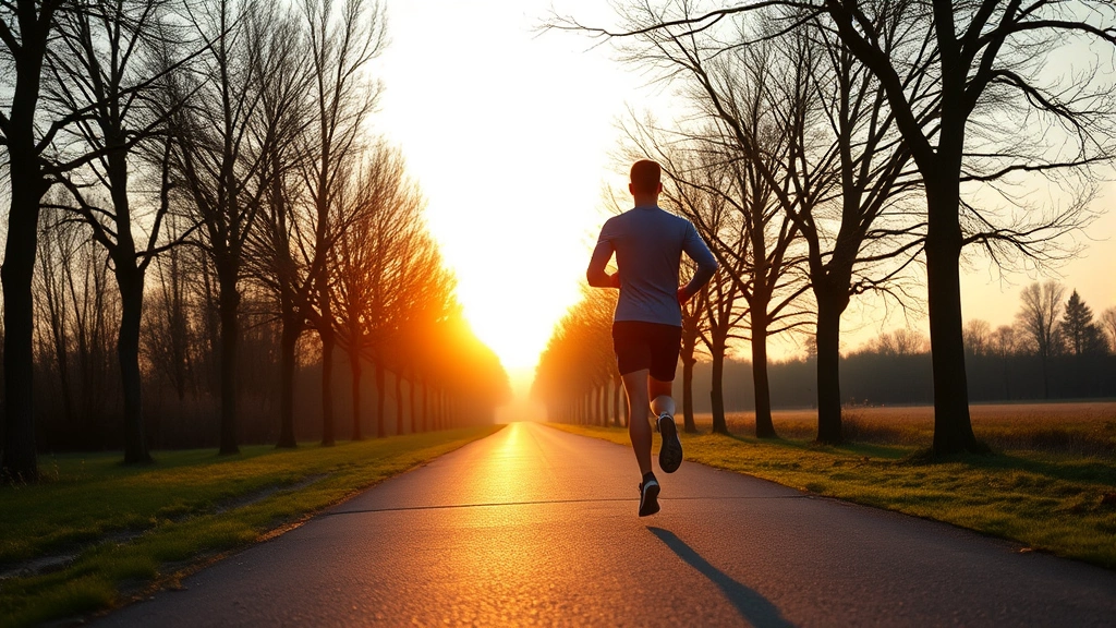 Person jogging outdoors on a peaceful tree-lined path at sunrise, athletic movement, health and wellness focused, natural landscape, photorealistic, no performance metrics visible