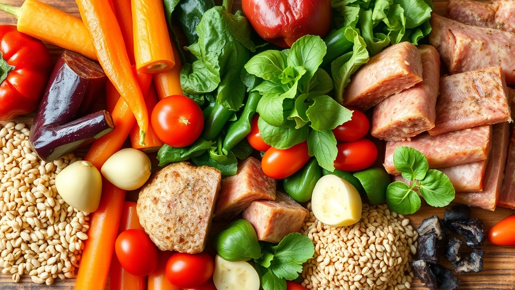 Close-up of colorful fresh vegetables, lean proteins, and whole grains arranged on wooden surface, vibrant and appetizing, natural lighting, wellness-focused composition