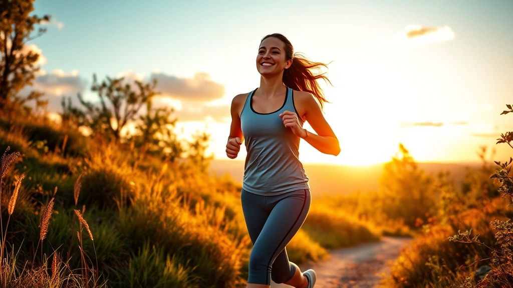 Woman jogging outdoors on scenic trail during golden hour, surrounded by nature, smiling with energy and vitality, photorealistic health and wellness imagery