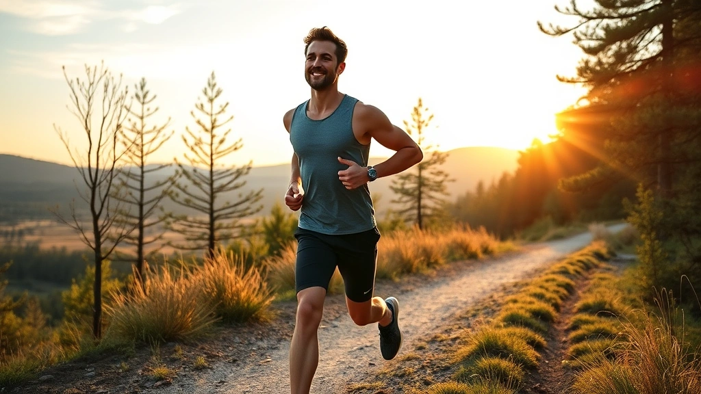 Athletic man jogging outdoors on a scenic trail at sunrise, wearing fitness attire, surrounded by trees and natural landscape, confident and energized expression, photorealistic wellness imagery