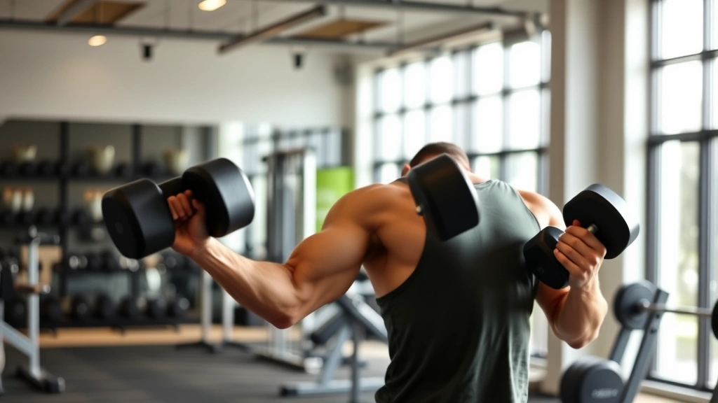 Person doing strength training with dumbbells in a modern gym setting with natural light, showing proper form and focused determination, healthy and empowered posture, professional fitness environment