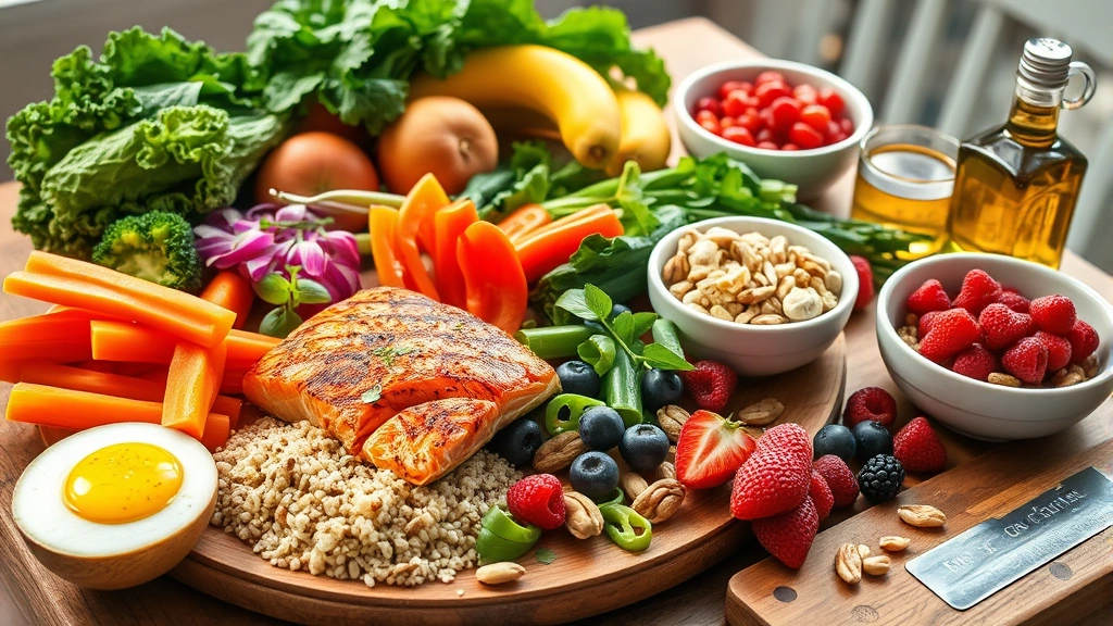 A colorful spread of fresh whole foods on a wooden table including grilled salmon, quinoa, fresh vegetables, berries, nuts, and olive oil, natural sunlight highlighting the vibrant colors