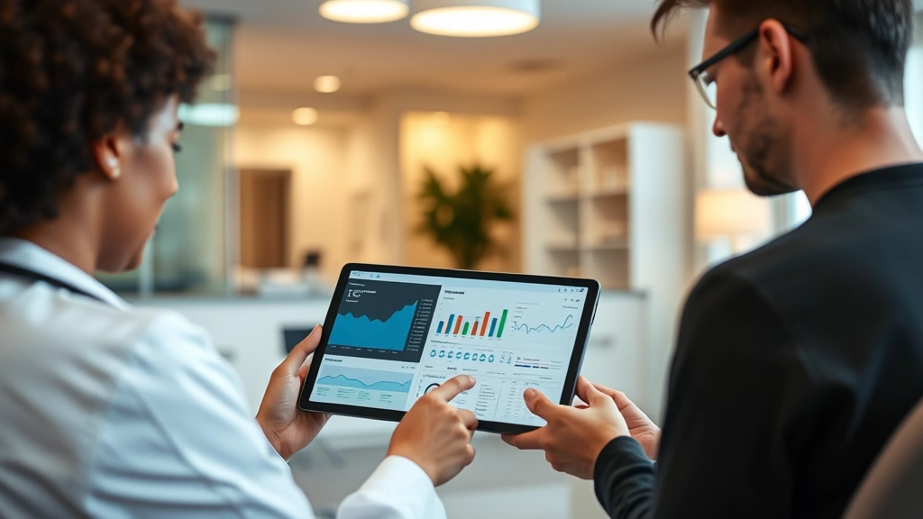 Person reviewing health metrics on tablet with doctor in modern clinical office setting, warm professional lighting, diverse representation, focus on wellness consultation