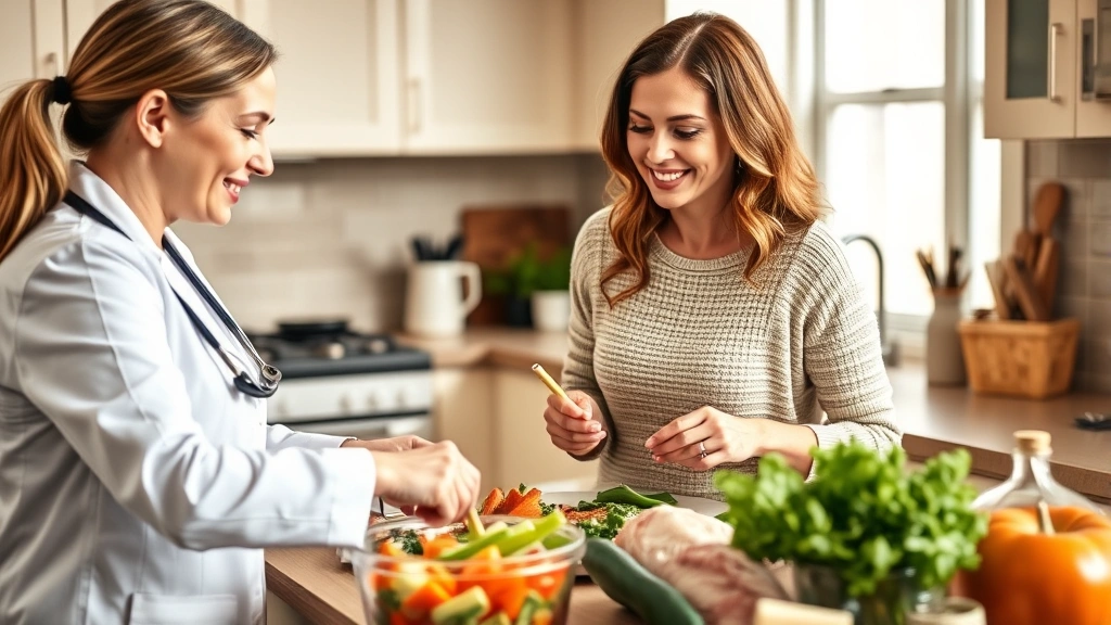 Registered dietitian consulting with patient over healthy meal prep, colorful vegetables and lean proteins visible, warm home kitchen setting, supportive healthcare interaction
