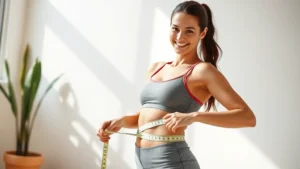 A woman measuring her waist with a tape measure, smiling confidently, standing in bright natural light wearing comfortable workout clothing, photorealistic wellness context