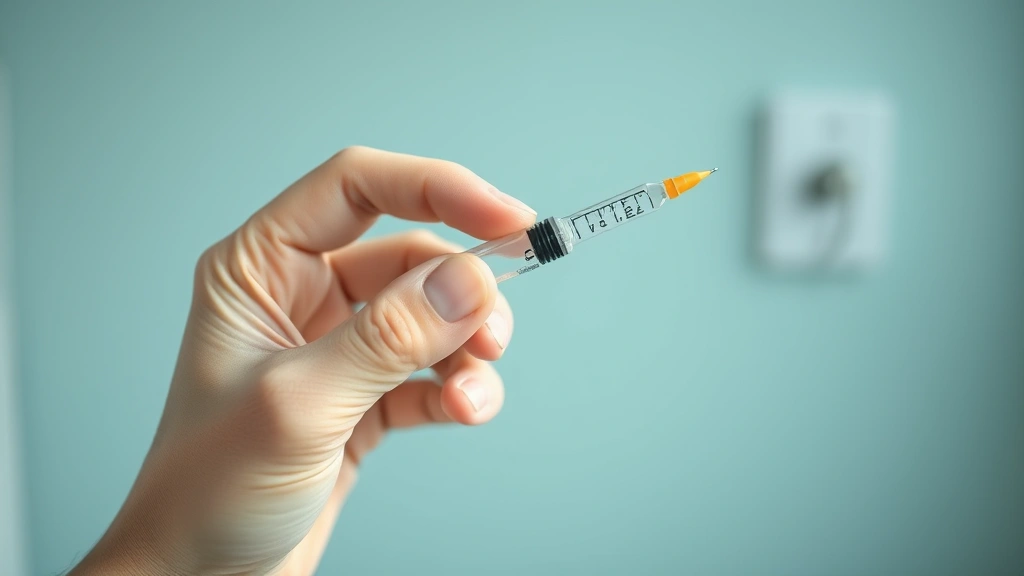 Close-up of a person's hand holding a weekly medication injection pen, clean clinical setting with soft focus background, showing proper injection technique preparation