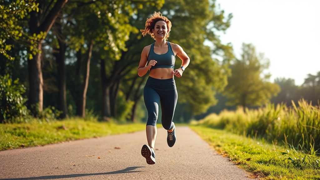 A fit person jogging outdoors on a sunny path surrounded by green trees, showing energy and vitality after weight loss, photorealistic active lifestyle
