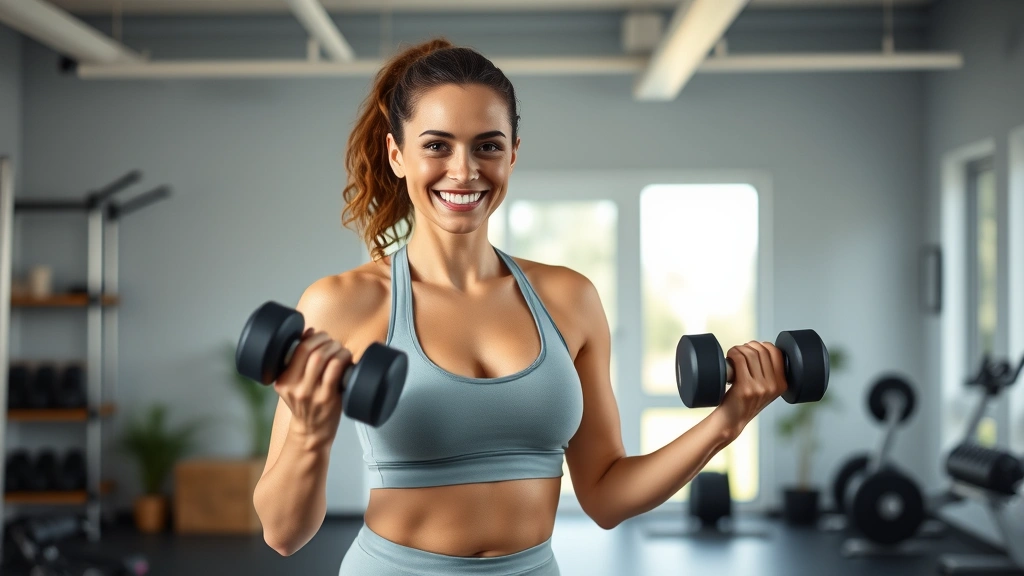 A woman in workout clothes doing strength training with dumbbells in a bright, modern home gym, smiling with confidence and wellness focus