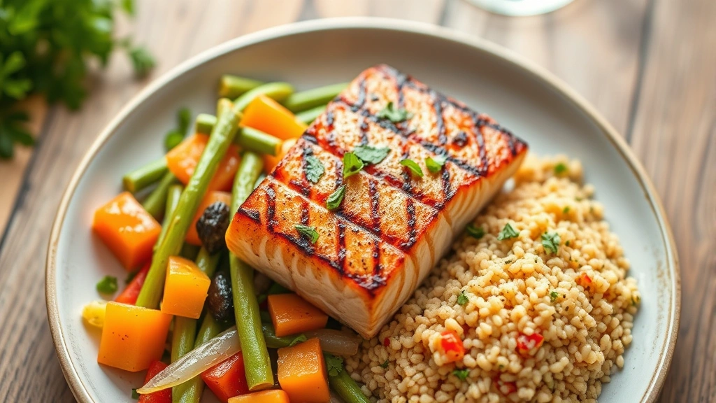 A nutritious meal plate featuring grilled salmon, colorful vegetables, and quinoa, photographed from above in natural lighting with fresh herbs